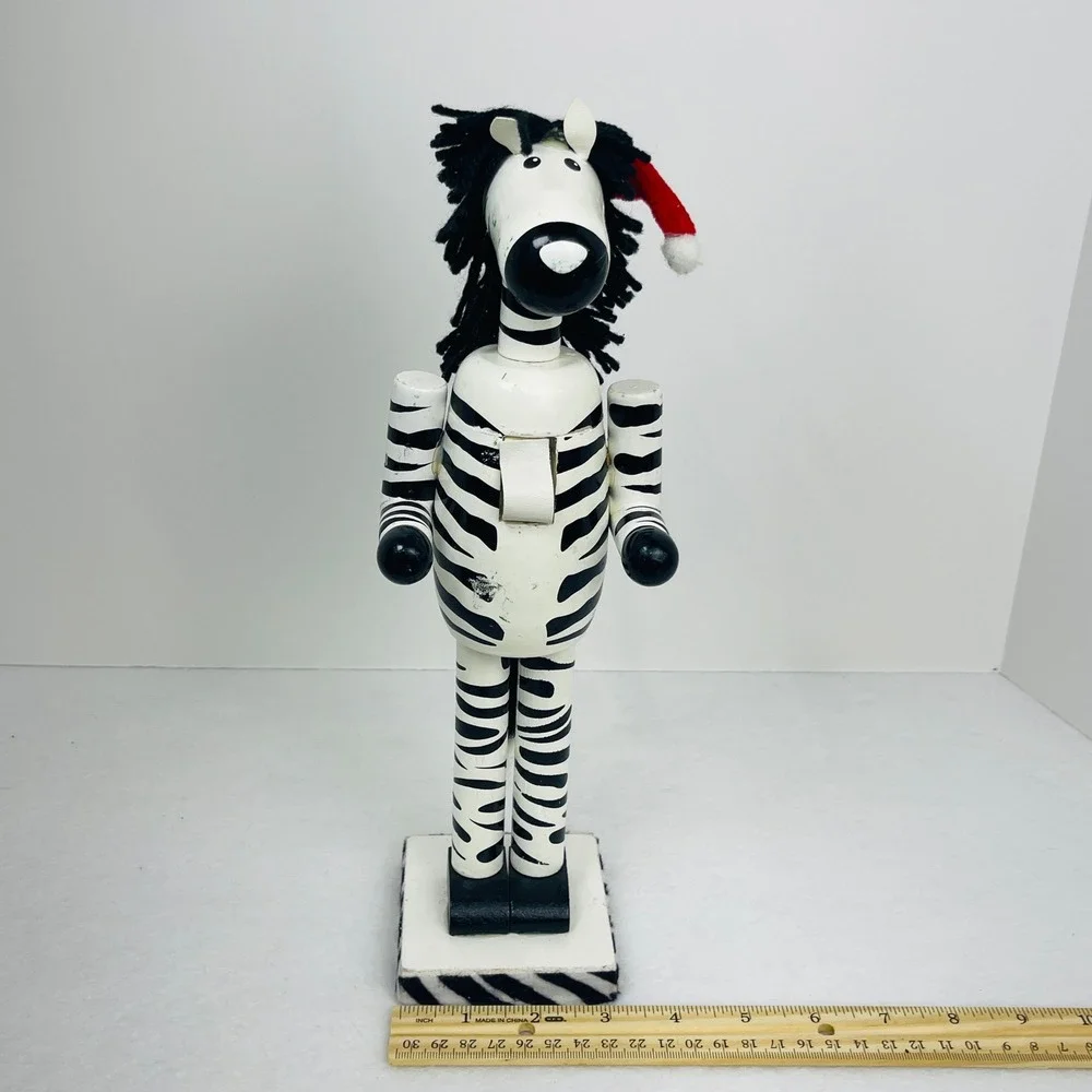 Zebra Wooden Nutcracker Christmas Decor Safari Animal Santa Hat 12 Inch
